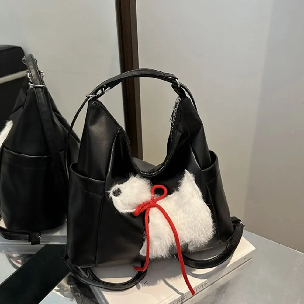 かわいいPUレザー女性用トートバッグ、無地ソフトな脇の下ポーチ、大容量プラッシュパピーカジュアルバックパック、旅行用