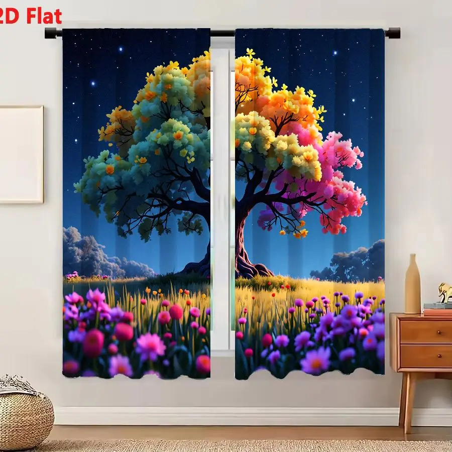 2Pcs Curtains 2D Flat Fantastical Vibrant Landscape With Majestic Colorful Tree Under Deep Blue Starry Night Sky Window Drapes f