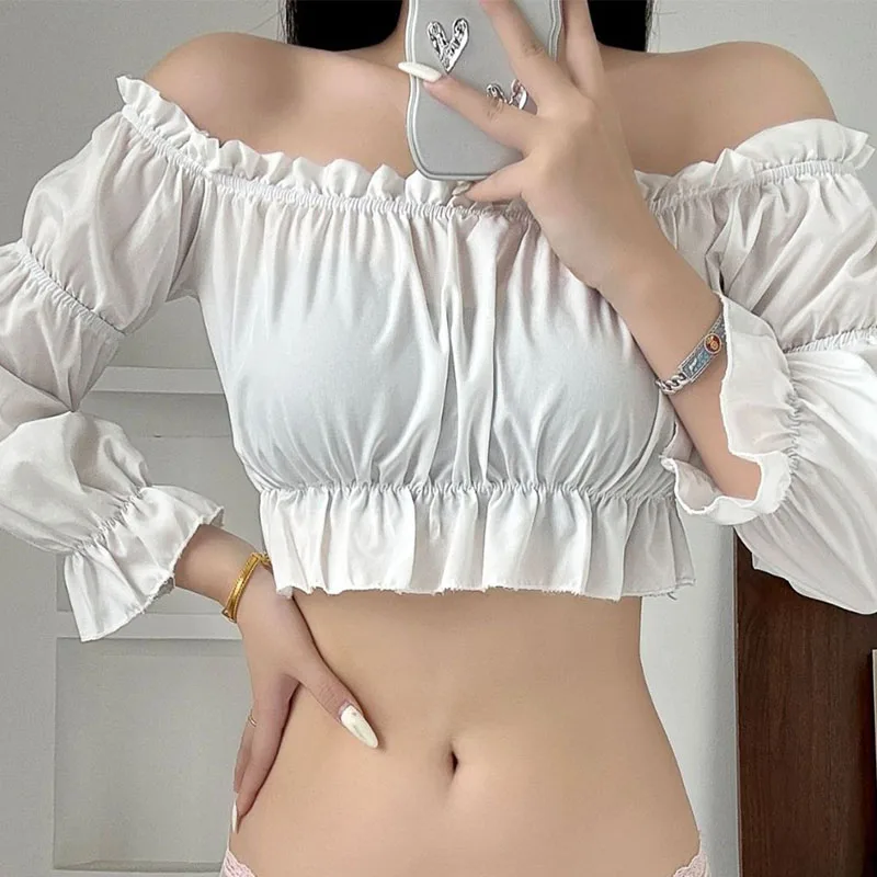 

Women Top Sexy Blouse Off Shoulder Top Long Sleeve Solid Color White Shirt Puff Sleeve Ruffle Tunic Crop Top Summer Tube Top