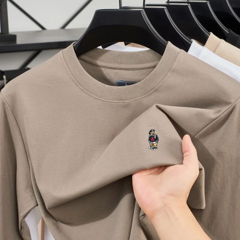 Silky Cotton T-shirt Men's Solid Color Round Neck Long Sleeved Top 2025 Autumn New Loose Bear Embroidered T-shirt Neutral M-4XL