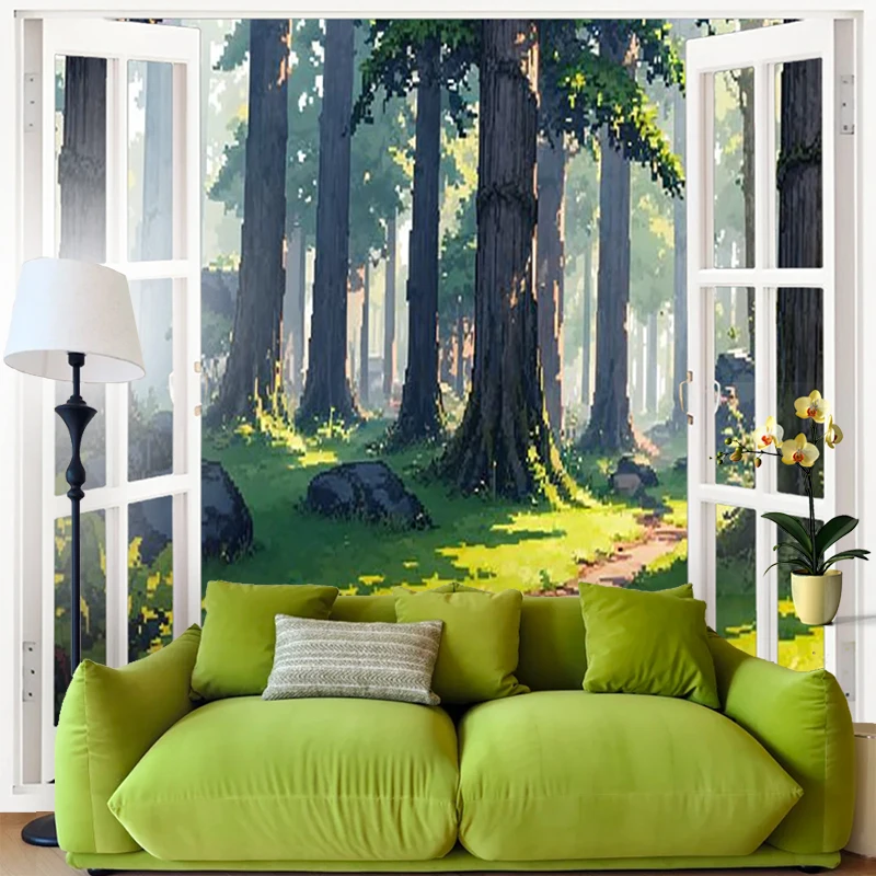 1PC Digital Print Tapestry Wall Hanging, Fake Window Frozen Lake Winter Forest Art, Nature Scenery 3D Window Wall Art Decor - view 5