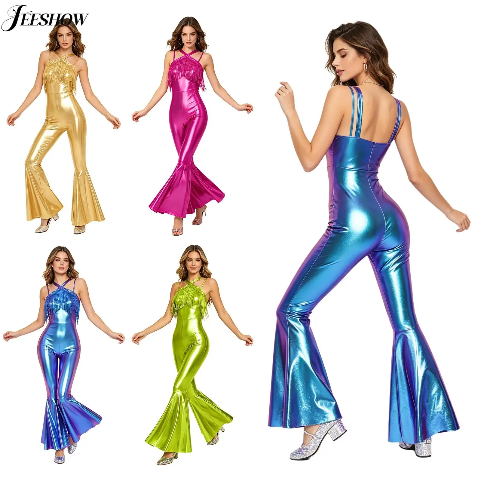 

Womens Shiny Metallic Disco Jumpsuit Sequin Tassel Crisscross Straps Sleeveless Bell Bottoms Rompers for Dance Stage Performance