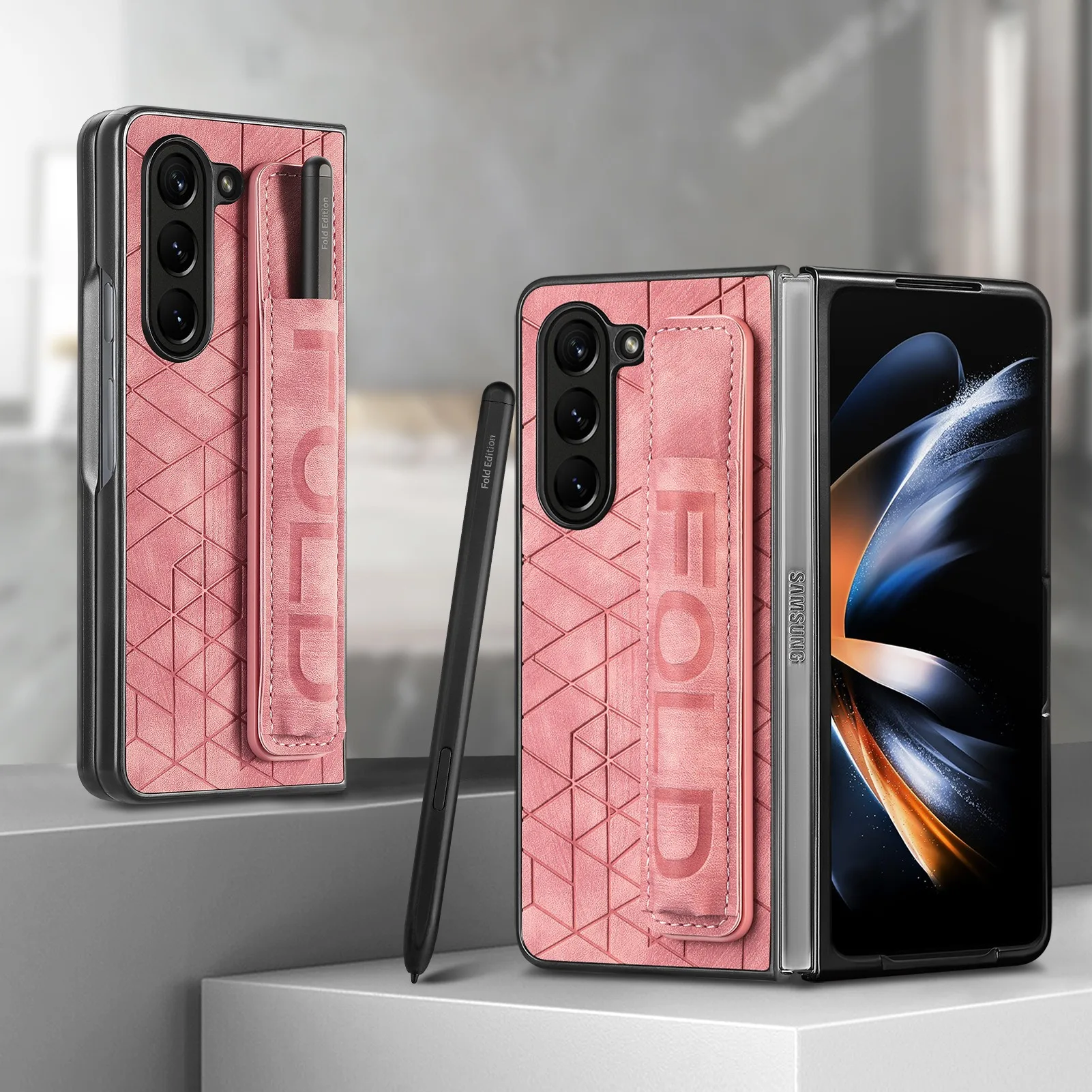

Leather Phone Case for Samsung Galaxy Z Fold 7 6 5 4 3 Fold5 Fold6 Elastic Retractable Wrist Strap Cover with Pen Holder Lwd
