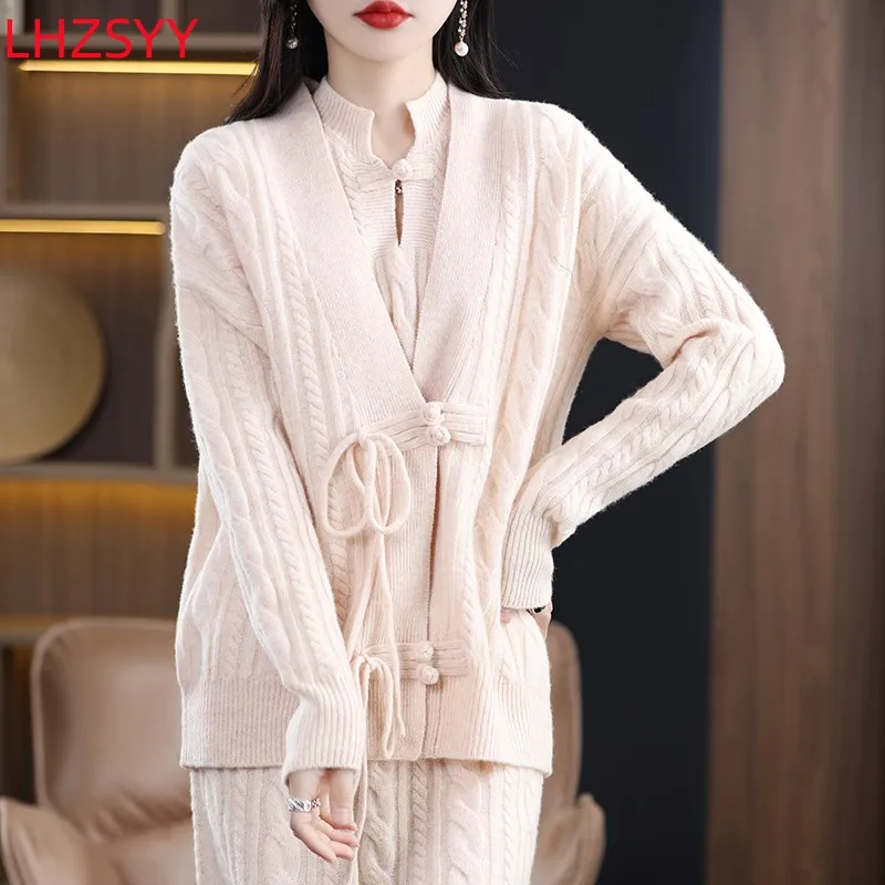 LHZSYY 2023 Spring Cashmere Suit Women's New Large Size Knitted Cardigan 100% Pure Wool Sleeveless Dress Two Set Coat Long Skirt