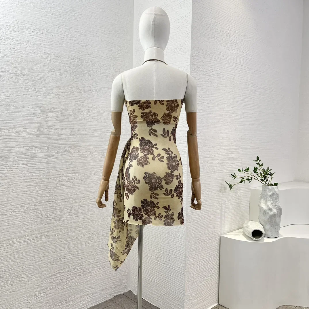 Beach Style 2024 New Summer Yellow Floral Print Sleeveless Casual Lady Halter Sling Asymmetrical Hem Tube Holiday Mini Dress