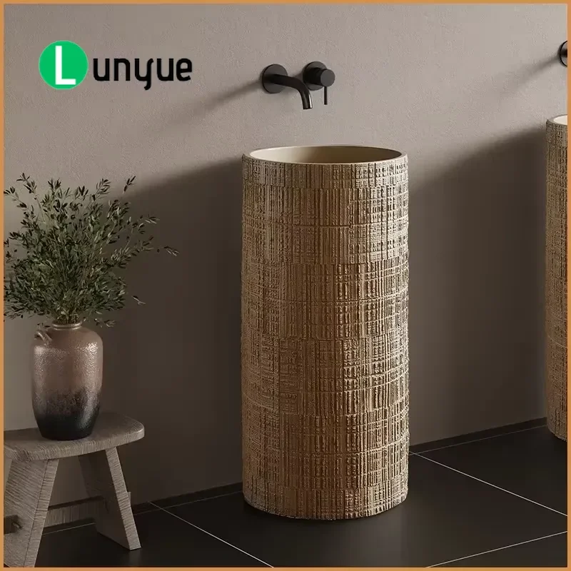 Embossed Textured Freestanding Cylinder Column Sink Round Basin for Bathroom Garden Public Areas Durable Ceramic Washbasin