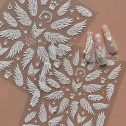 5D Relief Gorgeous Laser White Angel Wings Swan Feather Crown Starlight Adhesive Nail Art Stickers Decals Manicure Fine Charms