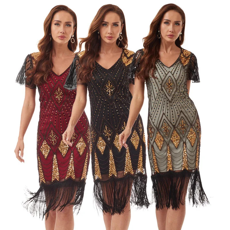 

Banquet Mild Luxury Retro Dress Sequined Tassel Bead Short Evening Dress