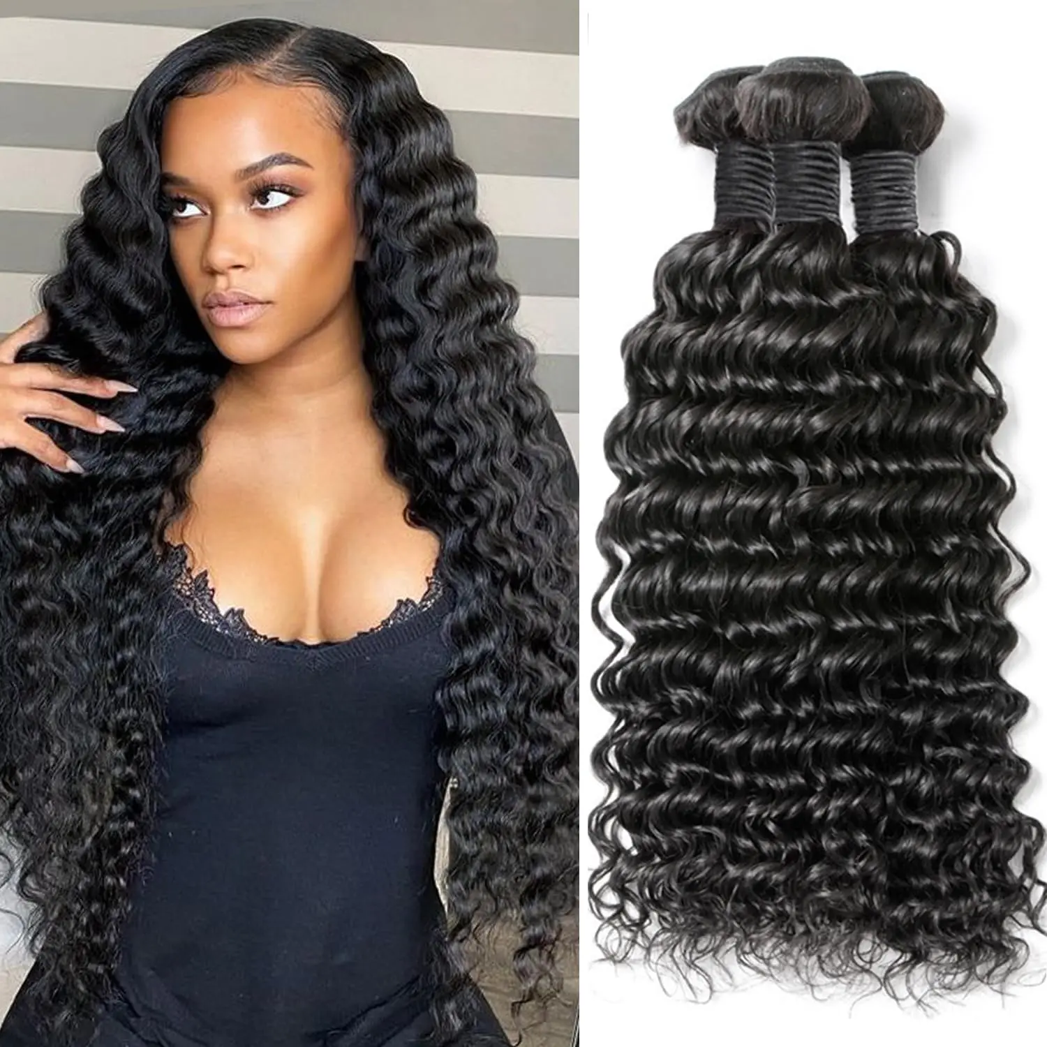 Deep Wave Bundles Brazilian Remy Human Hair 3 Bundles Deep Wave Hair Bundle Double Weft Bundles 100% Unprocessed Virgin Hair