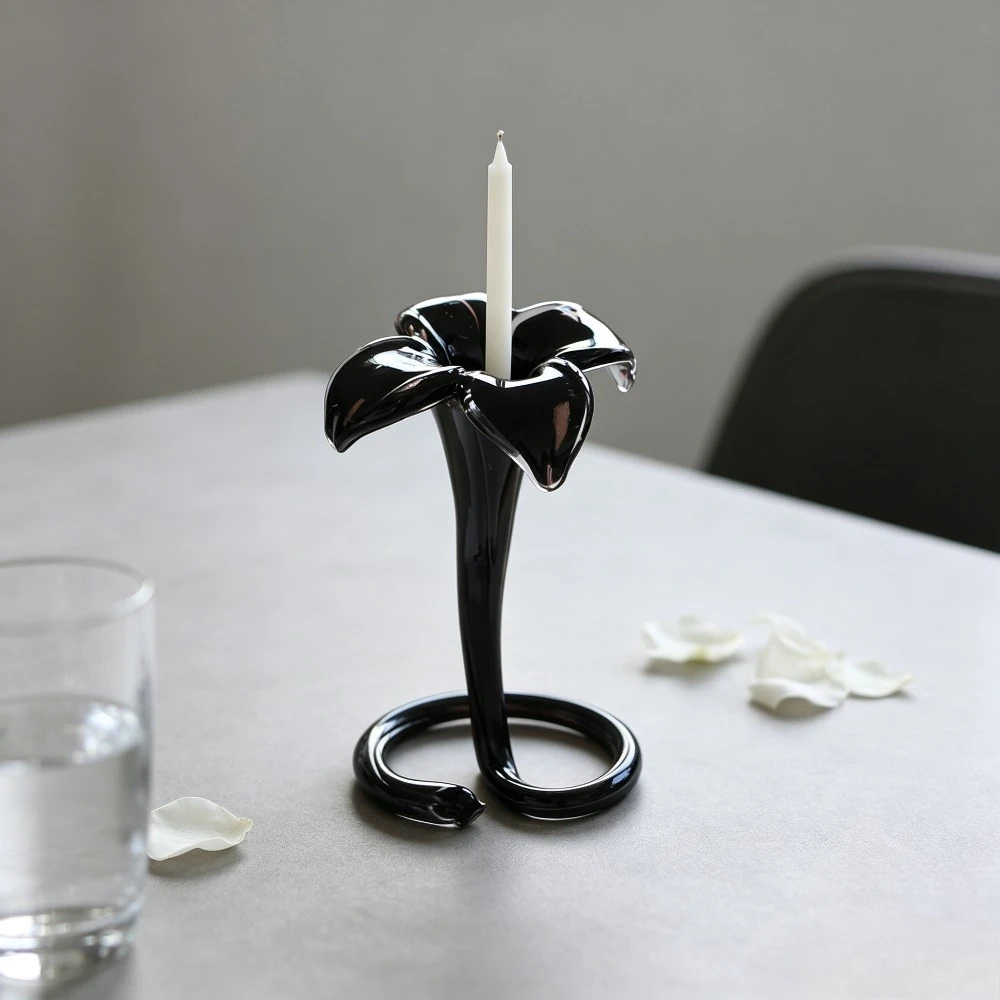 Flower Shaped Hand Blown Glass Candle Holder Creative Art Glass Candlestick for Taper Candles Home Tabletop Wedding Decor