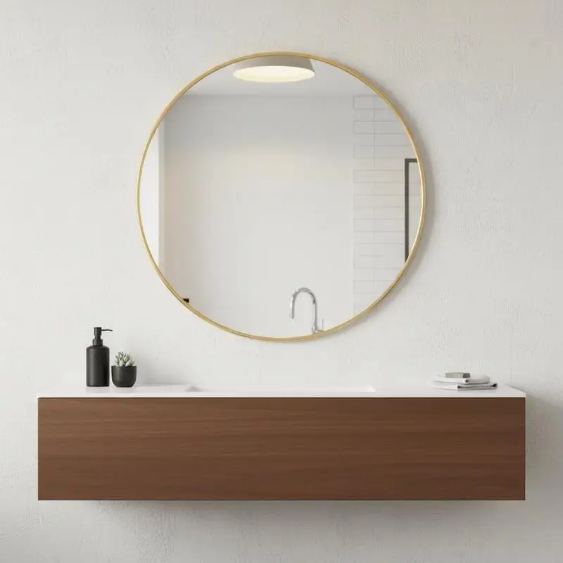 Miroir mural rond doré Ø 50 cm, design minimaliste, cadre en verre et PVC, réflexion claire, idéal pour chambre à coucher, salon, salle de bain, décoration intérieure