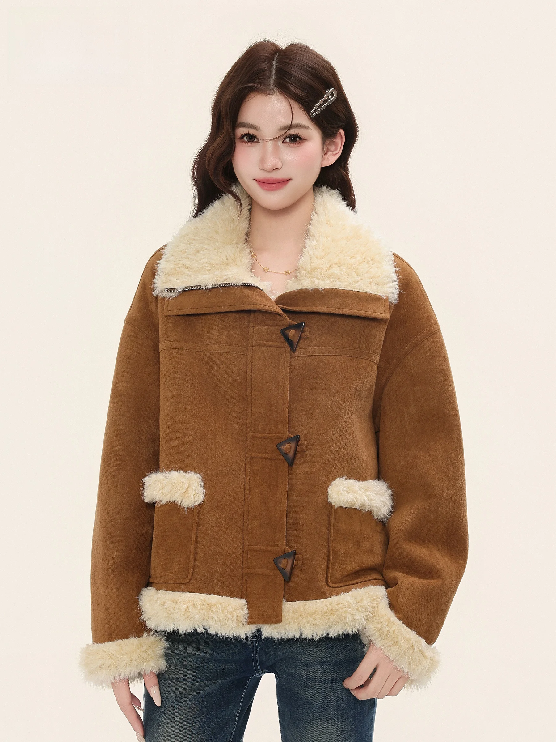 

Женская коричневая замшевая куртка с подкладкой из овечьего меха, утепленная, теплая, в корейском стиле, с длинными рукавами, стандартной длины