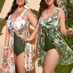 Large Size Plant Print Ruffle Hem One Piece Swimsuit Plus Swimwear Female Bathers Bathing Swimming Suit Summer Beachwear