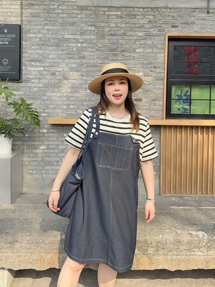 

VOGANA: Новинка! Дышащее джинсовое платье А-силуэта больших размеров с полосками, имитация двух частей, в корейском стиле, весна-лето