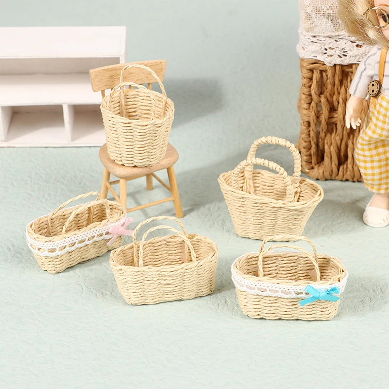 Mini Cute Dollhouse Rattan Frame Hand-woven Basket Cute Toys Dolls Miniature Decoration