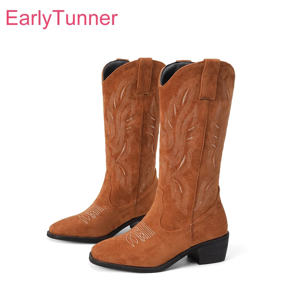 

New Winter Comfortable Brown Black Women Mid Calf Western Boots High Heels Lady Shoes Plus Small Big Size 33 12 43 46 48