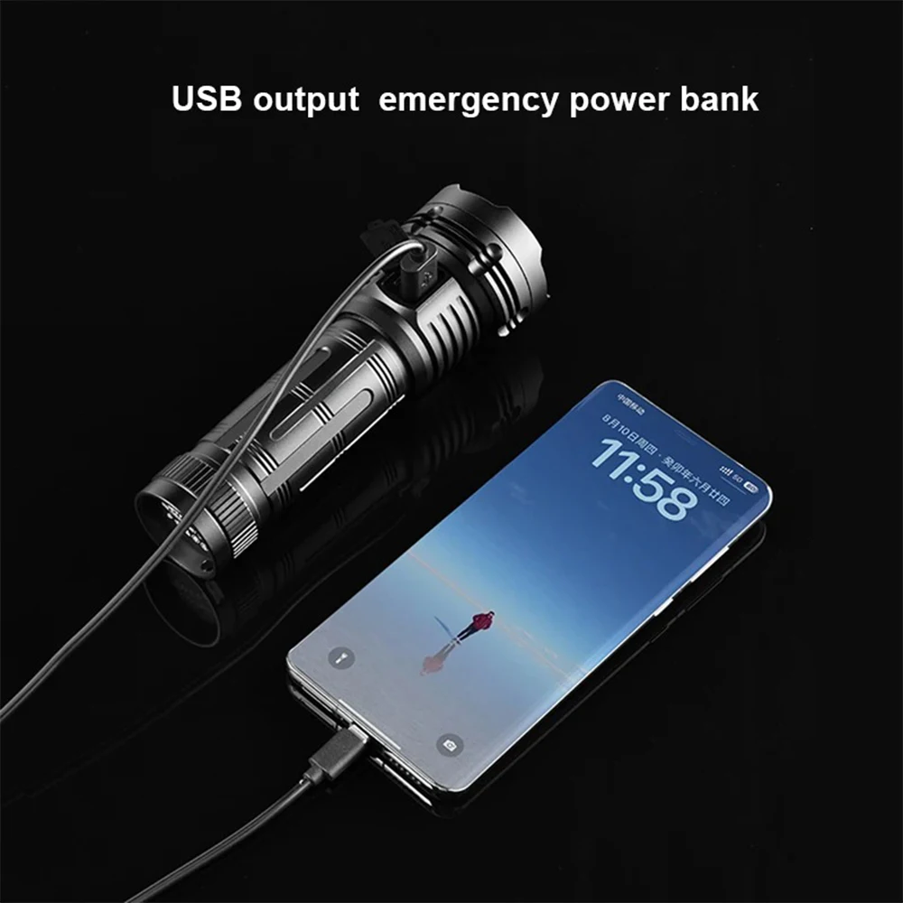 High Power LED ไฟฉาย Super Bright โคมไฟ USB ชาร์จกันน้ําที่มีประสิทธิภาพยุทธวิธีไฟฉายแบบพกพาโคมไฟกลางแจ้ง Camping