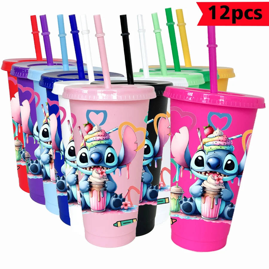 12 unids/pack Disney Stitch helado 26oz vaso de plástico colorido fiesta de cumpleaños utensilios para beber jugo taza de café