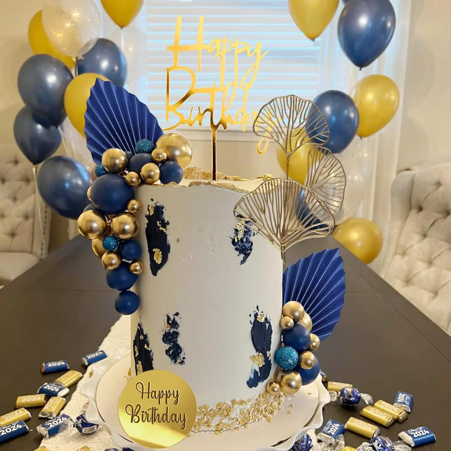 Blaue weiße goldene Kugeln Kuchendeckel Kugeln Geburtstagstorte Dekorationen für Geburtstag Boho Hochzeit Babyparty Partydekorationen – Detail 8