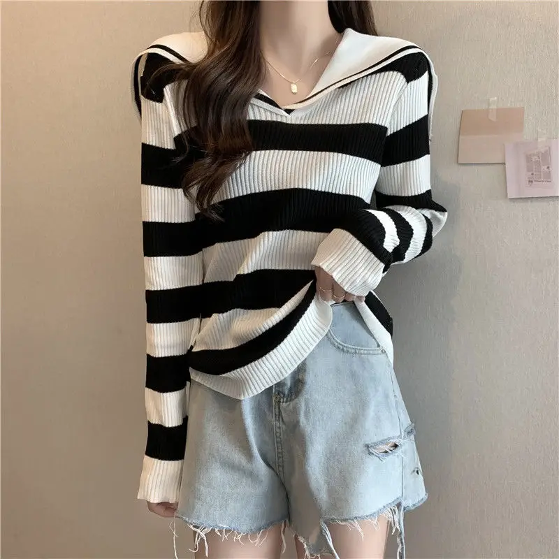 Women\'s Clothing Office Lady Simplicity Casual Fashion Loose T-Shirts Printing Striped O-neck Long Sleeve Pullovers Autumn Thin