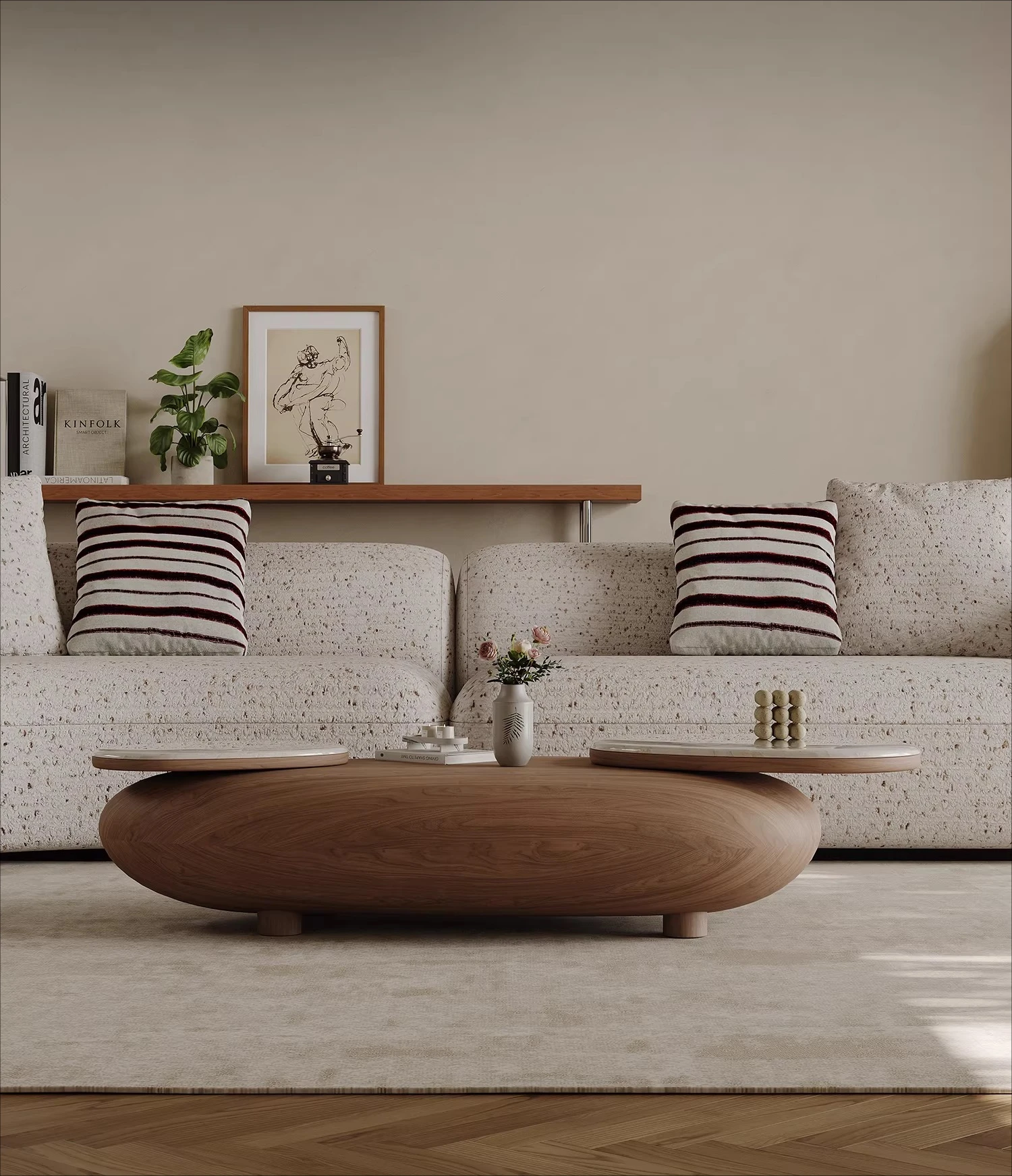 Medieval style special-shaped natural stone rotating coffee table combination home designer walnut pattern creative new model