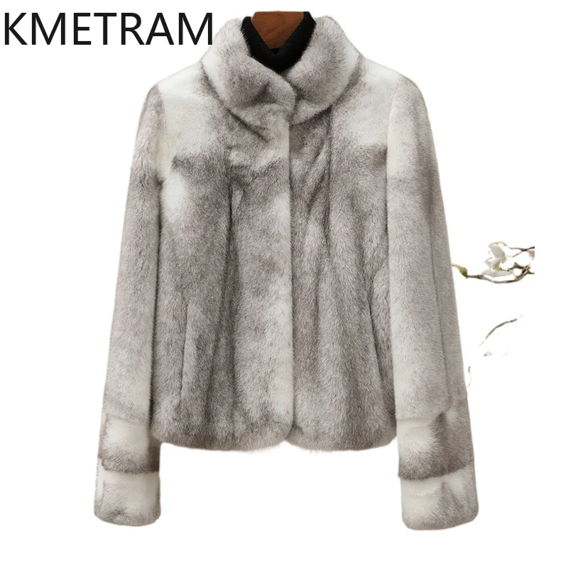 

KMETRAM 100% Cross Mink Fur Jacket Woman Stand Collar Short Real Mink Fur Coat Winter Outerwears Women Clothing шуба женская