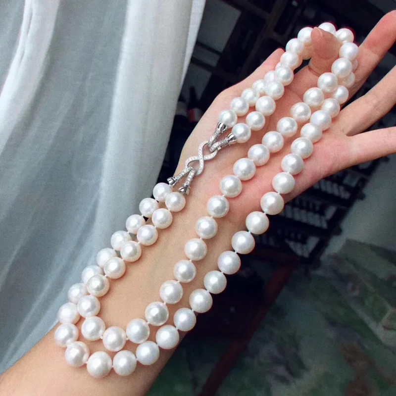 New Fashion Women's 925 Sterling Silver Necklace 9-10mm Round White Pearl Wedding Female Jewelry Gifts Pendant