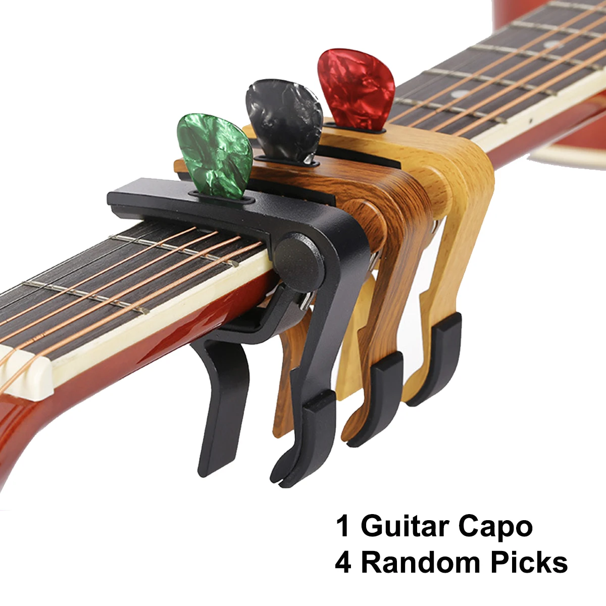Capo de aleación de aluminio Miwayer para guitarra/bajo/ukulele - Incluye 4 púas de celuloide aleatorias, con resorte, compatible con 6 cuerdas