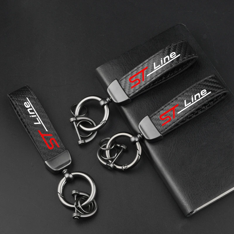 Leather Carbon Fiber Car Ring Keychain Trinket Zinc Alloy Keyrings Rotate 360 Degrees For Ford ST Line Focus Mondeo Fiesta Kuga