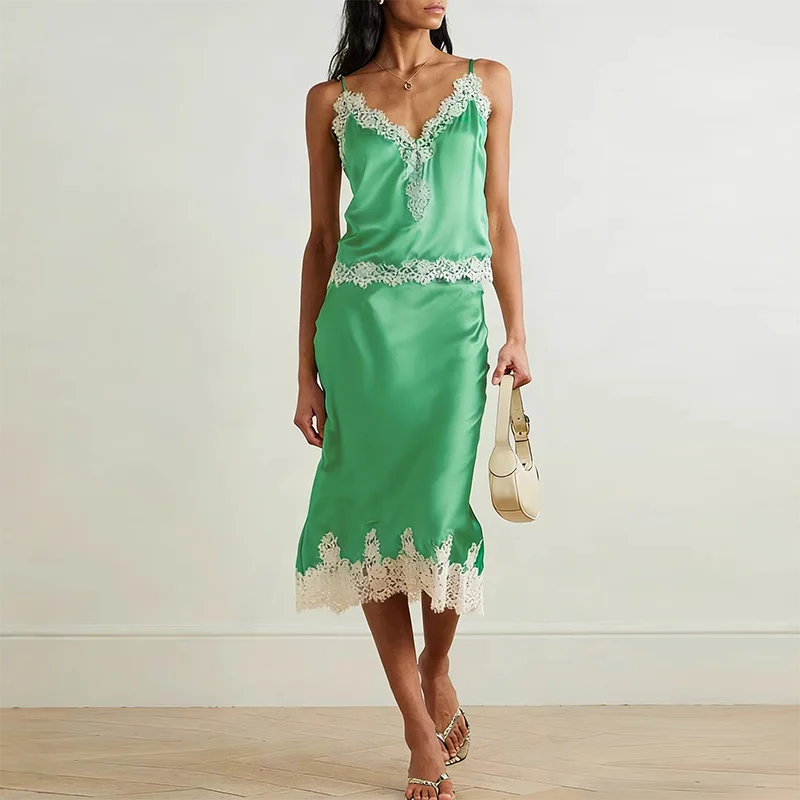Lace Patchwork Slim Fit Two Piece Set Sexy Lady V Neck Sling Top and Long Skirt Suit Fashion Hollow Out Sleeveless Summer Outfit - Image 6