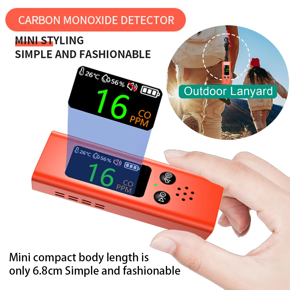 Portable Carbon Monoxide Detectors for Travel, Mini 3-in-1 CO Detector  with Loud Alarm Temp/Humidity Sensor Air Quality Tester