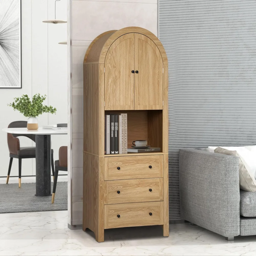 71” Tall Arched Storage Cabinet with Drawer,Farmhouse Arched Bookcase with Door,Freestanding Arch Tall Pantry with Countertop fo
