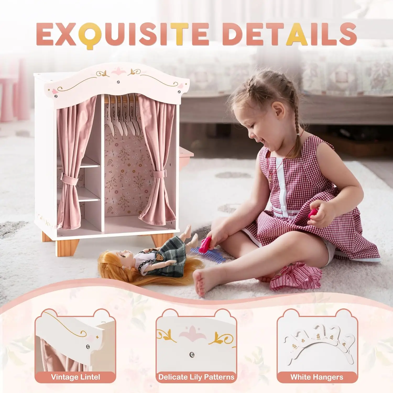 خزانة ملابس على شكل دمية خشبية وردية لفتاة أمريكية مقاس 16-18 بوصة، هدية للأطفال #5