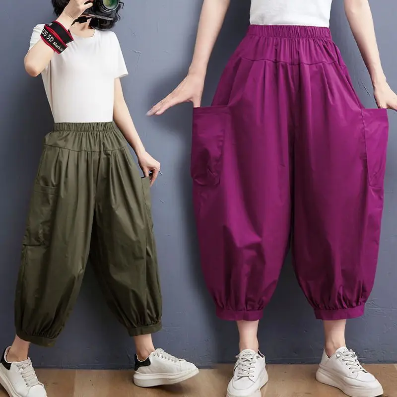 Women Summer Fashion Trend Thin Cotton Solid Color High Waist Bloomers Women Clothes Casual All-match Large Size Cropped Pants