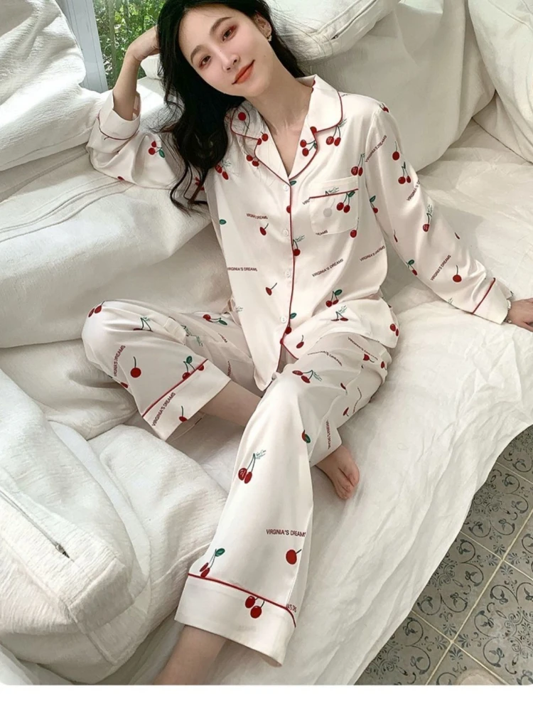 Korean Fashion Women Silk Sleepwear Long Sleeve Tops Pants Pajama Sets Luxury Loungewear Two Piece Sets Spring Autumn Sleepwear