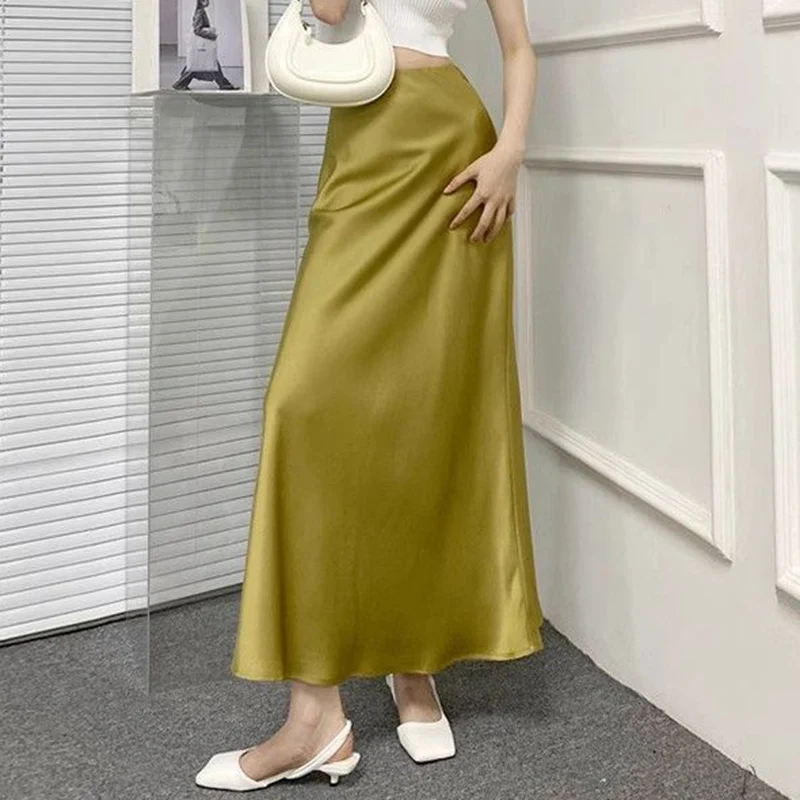 2025 Summer Women Fashion Designer Ice Silk Skirts Lady Chic Korean Slim Fit Dress Girls High Waisted Fishtail Skirts