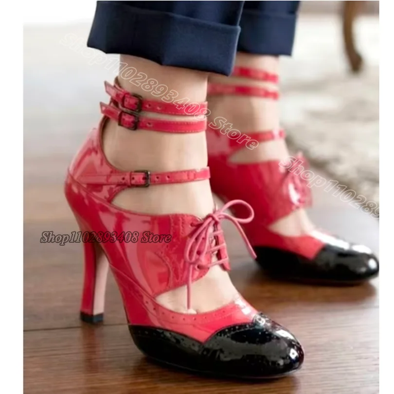 Zapatos de Tacón con Cordones y Diseño Bicolor, Hebilla en el Tobillo, Punta Redonda, Estilo Británico para Mujer, Zapatos de Fiesta Casuales para Mujer
