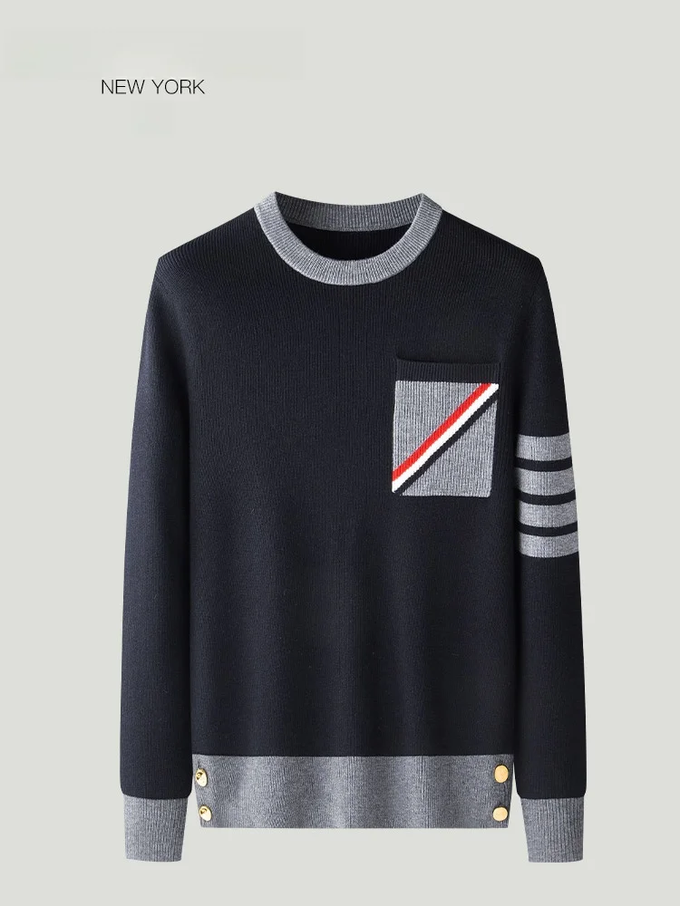 

Мужской вязаный шерстяной свитер с круглым вырезом и цветными вставками, осенне-зимняя модная этническая одежда с длинными рукавами