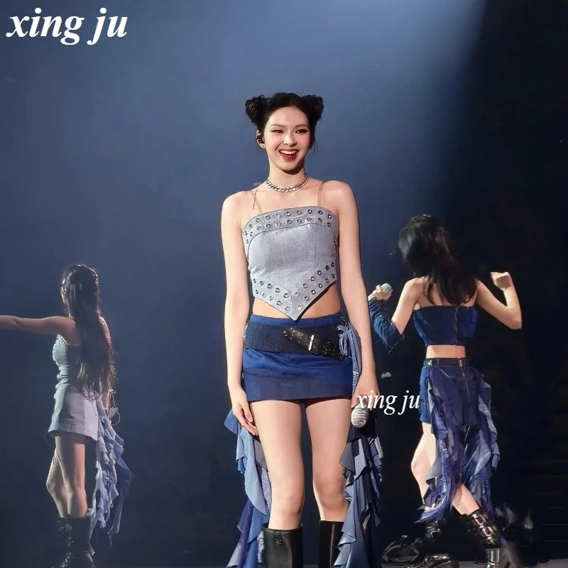 Women Singer Jazz Dance Costume Group Performance Blue Strapless Denim Short Tops Nightclub Stage Irregular Skirt Kpop Outfits