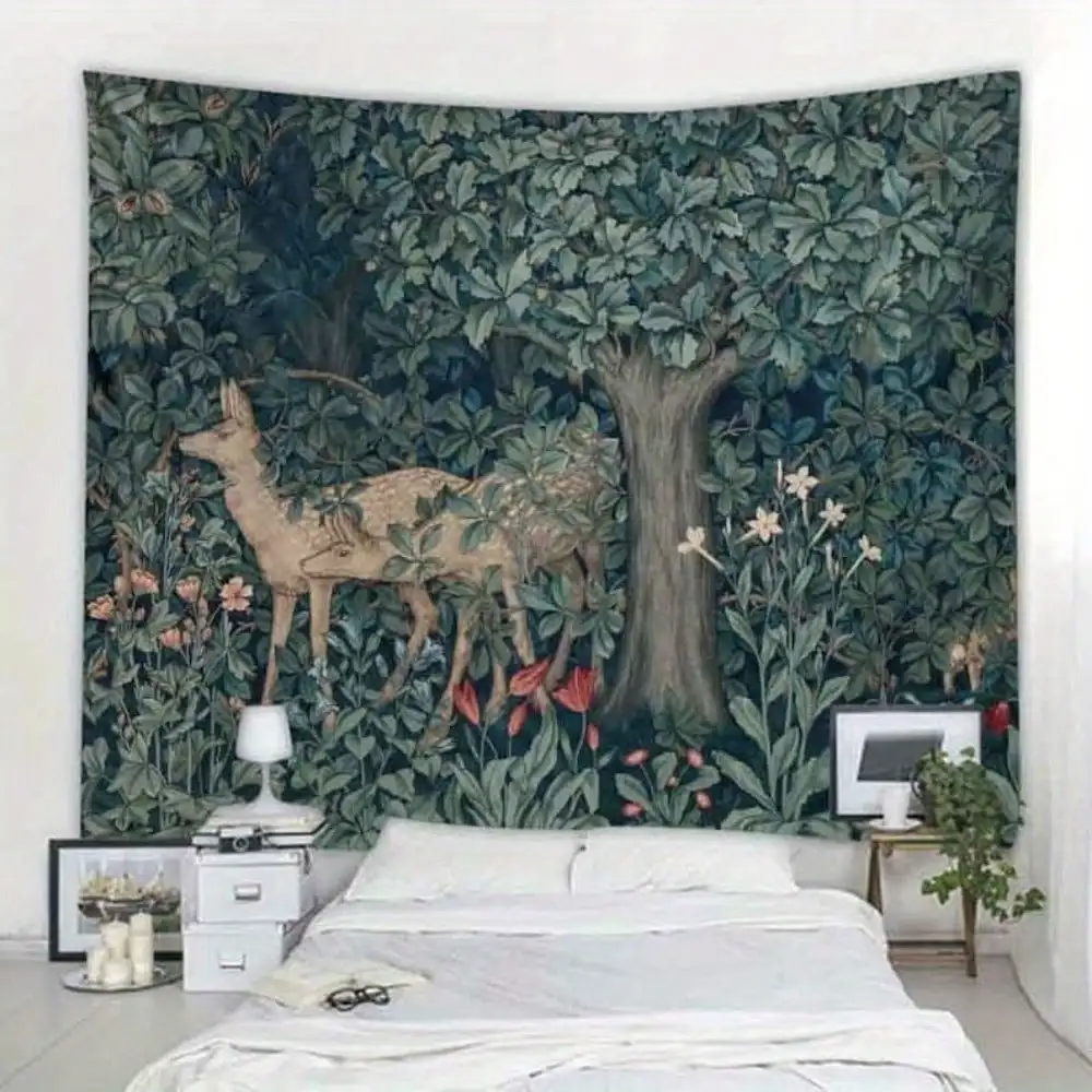 1pc Vintage Forest Deer Background Peach Skin Polyester Tapestry Living Room Bedroom Office Tapestry Home Room Party Decor