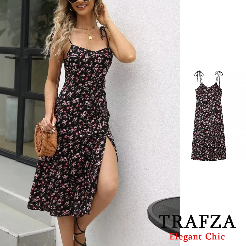 TRAFZA French Vintage High Waisted Floral Women Dress Fashion 2024 Summer Cami Midi Dress Beach Party Holiday Evening Dress