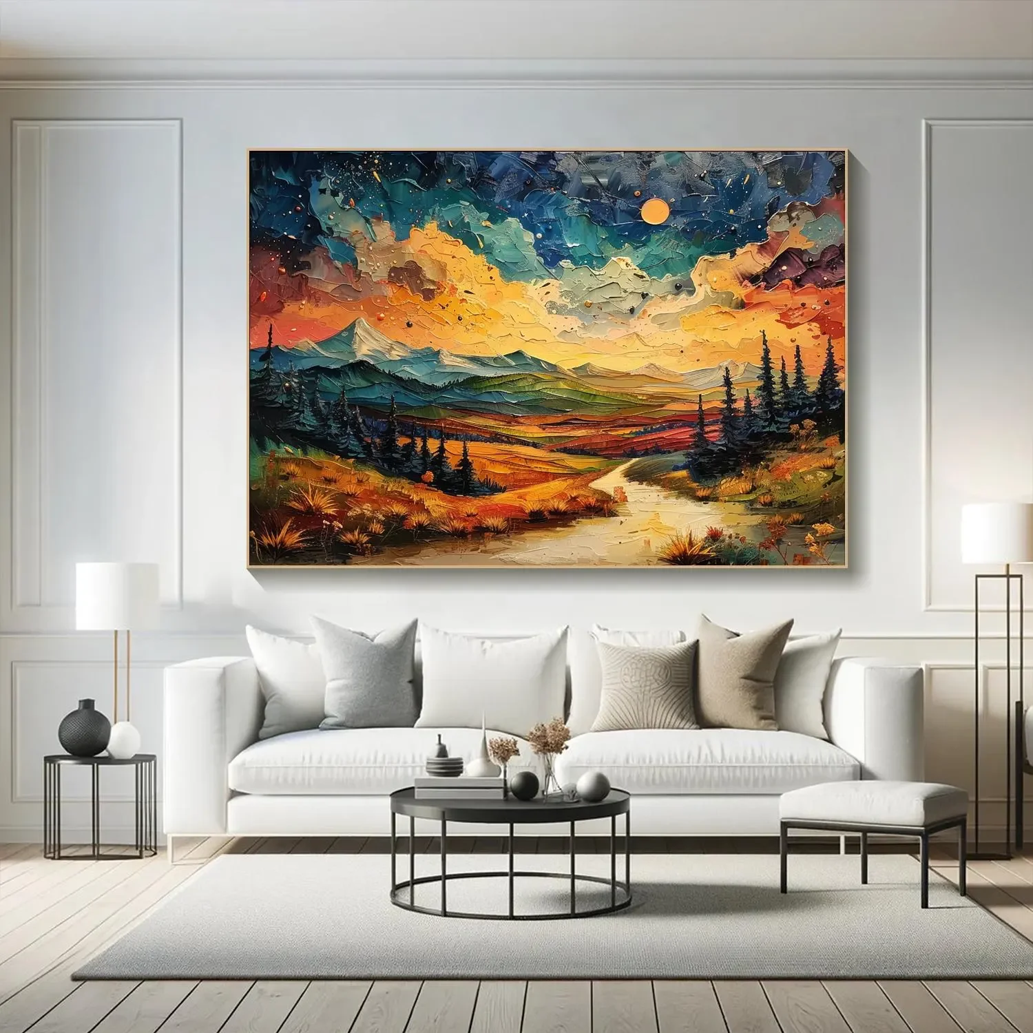 

New abstract large size 100% handmade oil painting sunset and night sky mountain landscape painting for modern living room decor