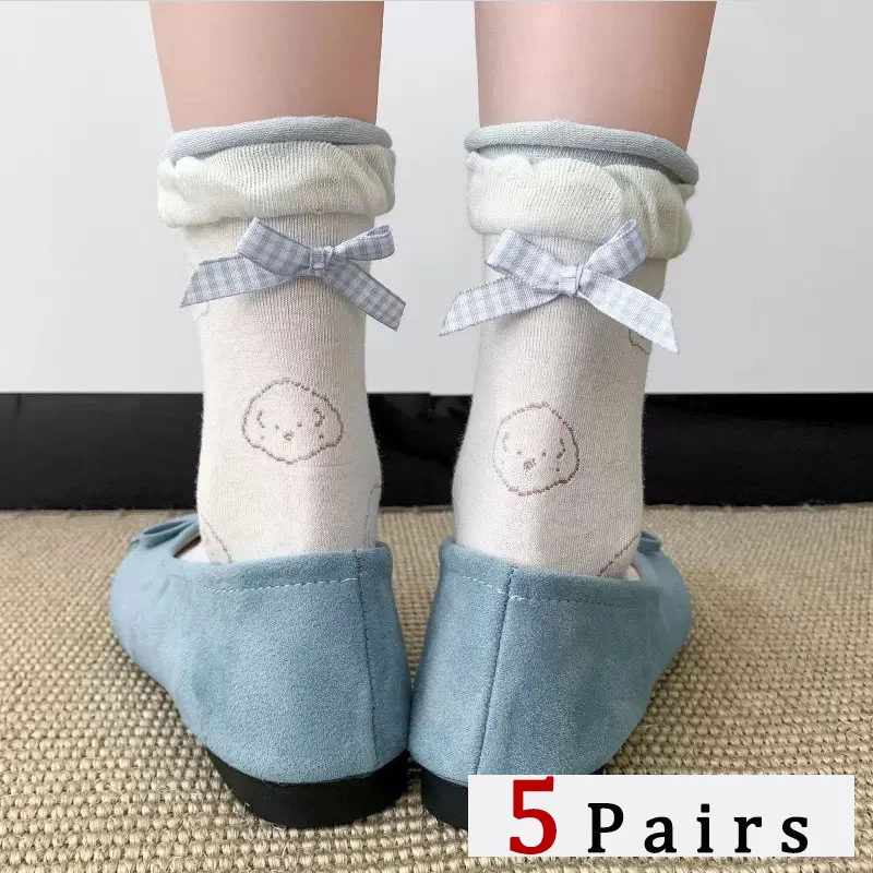 

Botvotee 5 Pairs Women Bow Dog Mesh Mid Tube Socks Summer Lightweight Breathable Fashionable Wavy Edge Ballet Style Casual Socks