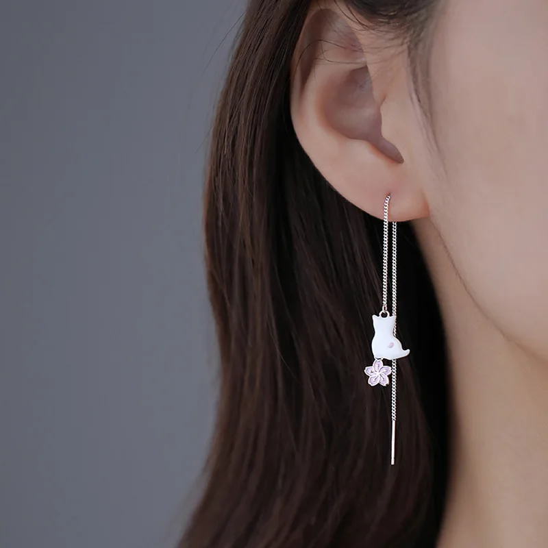 Delicate Silver Cute Cat Cherry Blossoms Tassels Earrings For 925 Women Girl Animal Fashion Jewelry