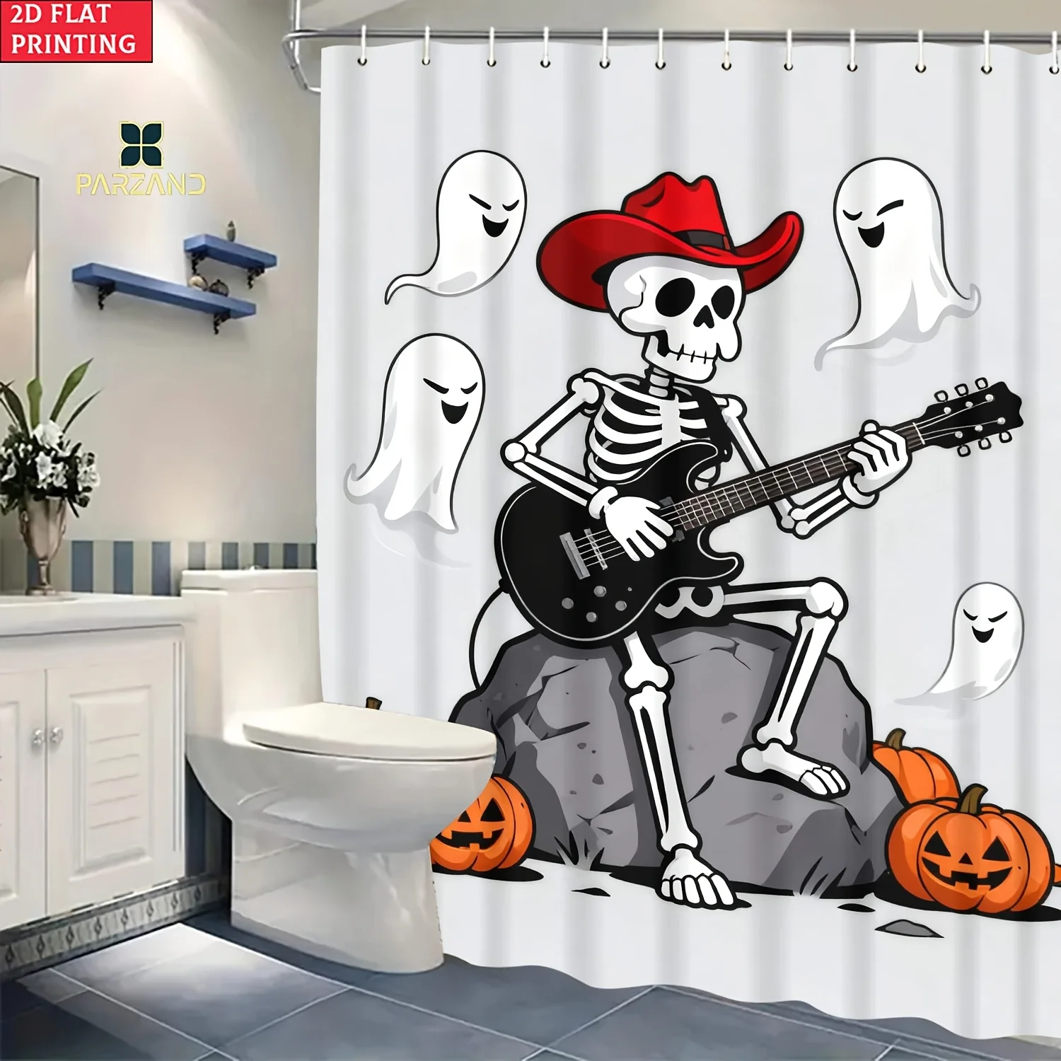 Funny Skeleton Guitarist Shower Curtain, Cowboy Hat & Ghost Print Waterproof Bathroom Decor, Halloween Party Home Bath Screen