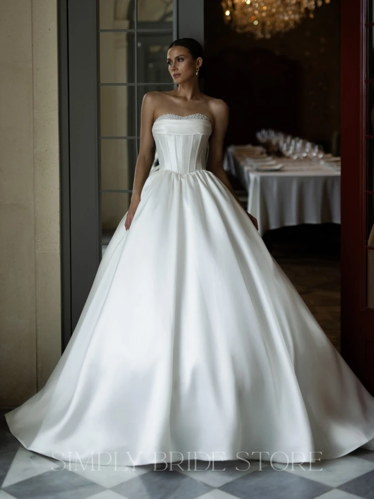 

New Arrival V-Shape Waist Satin Wedding Dresses Sweetheart Neckline Pearls Vestidos De Novia Lace Up Back Luxury Bridal Gowns
