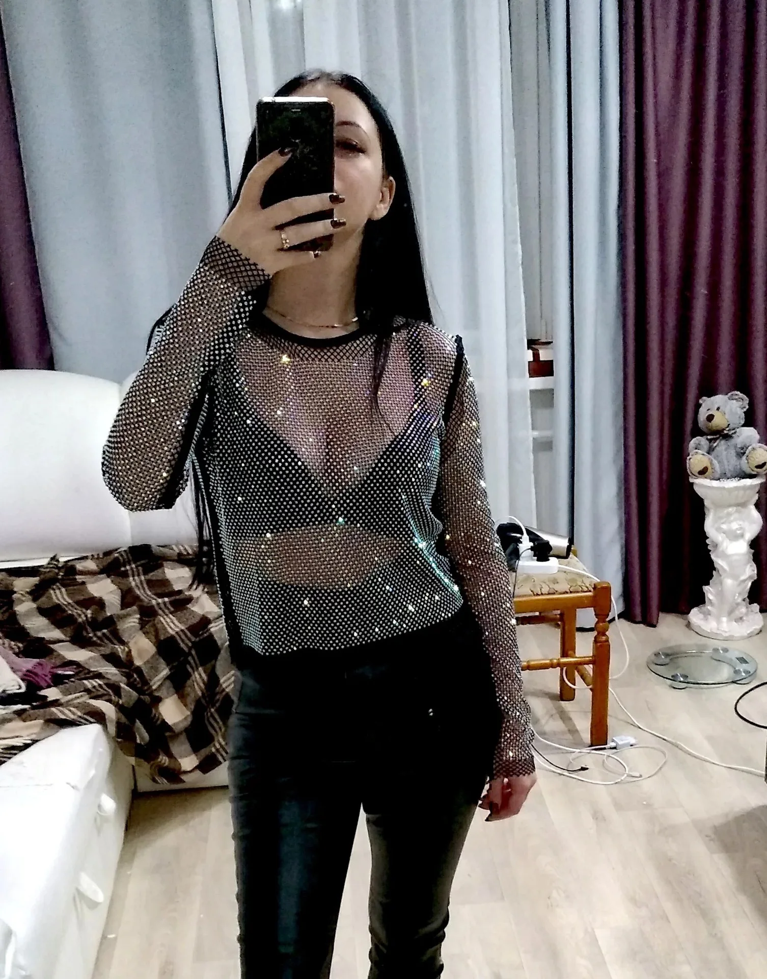 2023 new fashion hotwife fishnet diamonds long sleeve tops glitter sparky high street evening club party see through tops