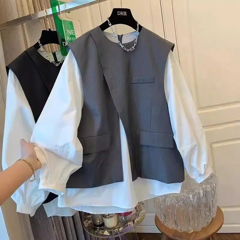 

plus Size 300 Pou Casual Patchwork Long Sve irt Men's Spring Autumn False Two-Piece Upper Apparel Breathable Comfortable