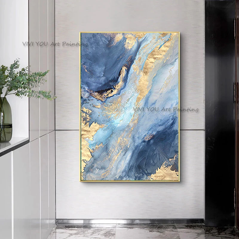 100% Handpainted Textured Ocean Marble Swirl Canvas Oil Painting for Living Room Calm Blue Tone Contemporary Luxury Decor