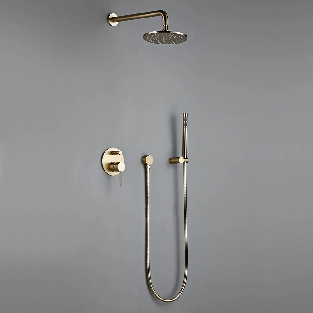 Shower System Wall Mount Bathroom Set Bath Faucet Brass Diverter Mixer Tap Brushed Gold With RainFall Head And Hand Held 8-12